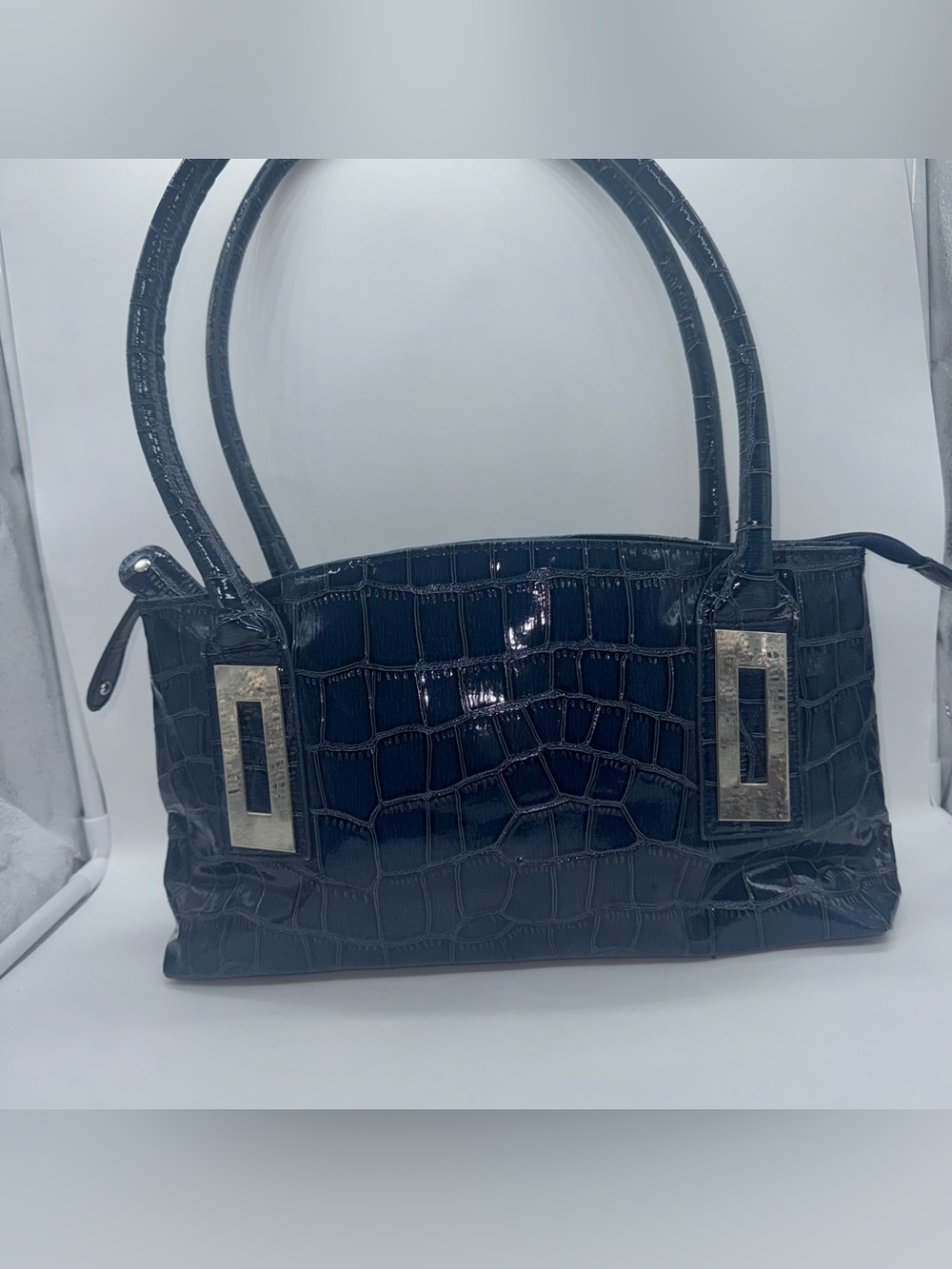 Glossy Croc-Embossed Blue Shoulder Bag with Silver Accents